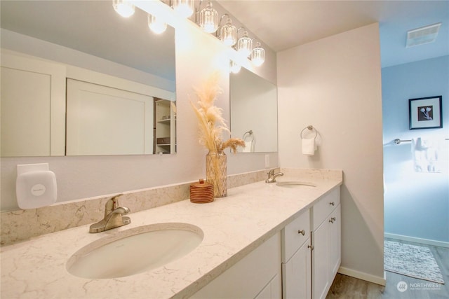 bathroom with vanity and hardwood / wood-style floors