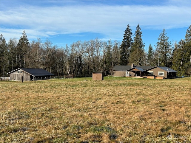 view of yard featuring a storage unit