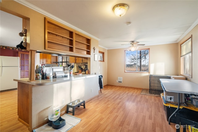 kitchen featuring crown molding, ceiling fan, light hardwood / wood-style floors, kitchen peninsula, and white fridge