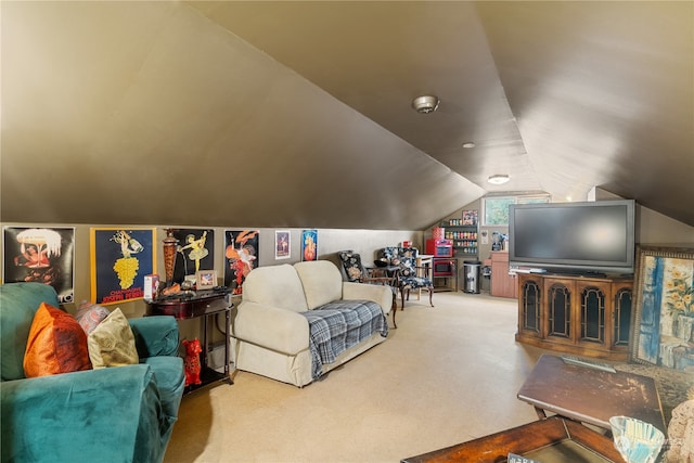 interior space featuring lofted ceiling and carpet floors