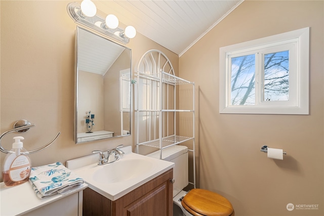 bathroom with lofted ceiling and vanity