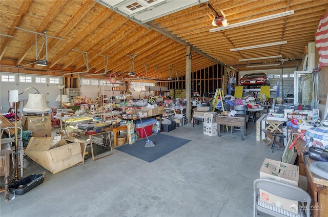 garage with a workshop area