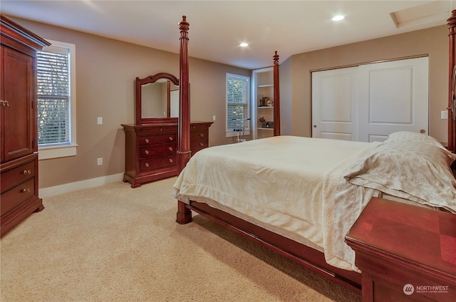 bedroom featuring multiple windows, light carpet, and a closet