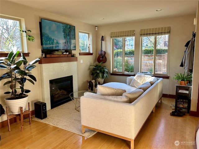 living room with light hardwood / wood-style floors and a tile fireplace