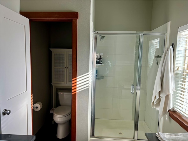 bathroom featuring toilet, a shower with shower door, and a wealth of natural light