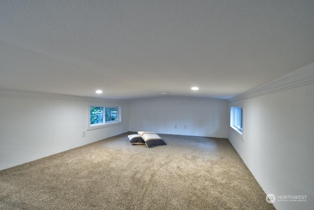 unfurnished room with crown molding, carpet, and a wealth of natural light