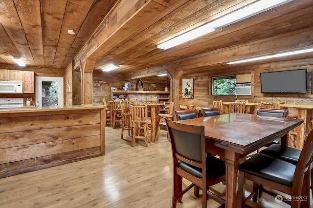 dining area with wood walls, light hardwood / wood-style floors, and wooden ceiling