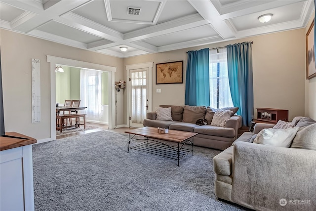 living room with beamed ceiling, ornamental molding, and coffered ceiling