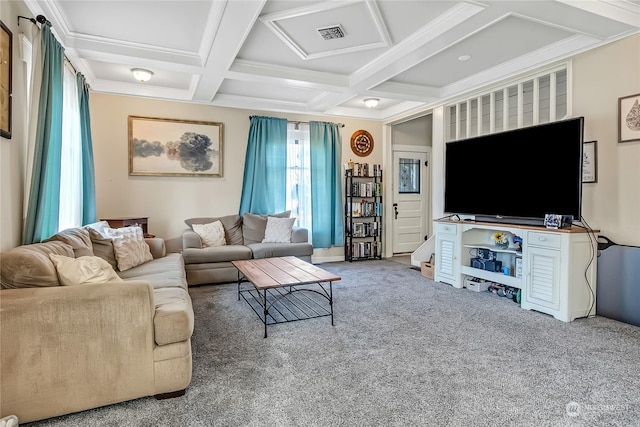 carpeted living room with beamed ceiling, ornamental molding, and coffered ceiling