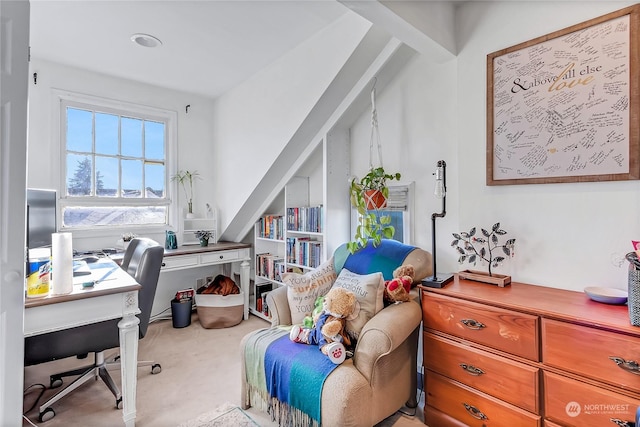 interior space featuring light colored carpet