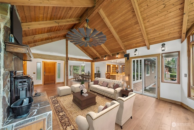 living room with beam ceiling, high vaulted ceiling, wood ceiling, and light hardwood / wood-style floors