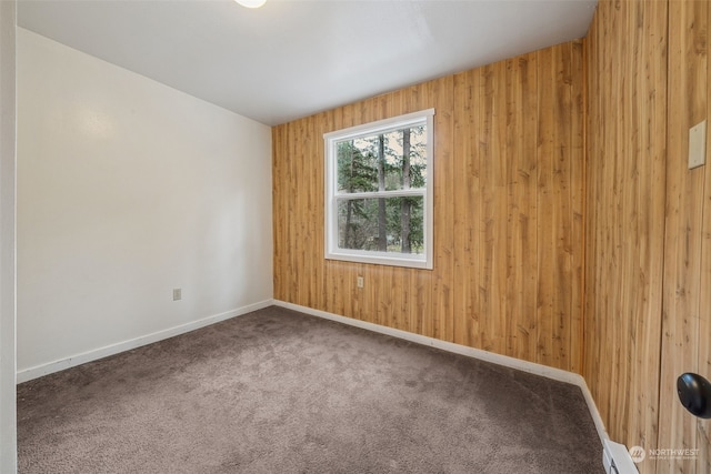 spare room featuring carpet floors and wood walls