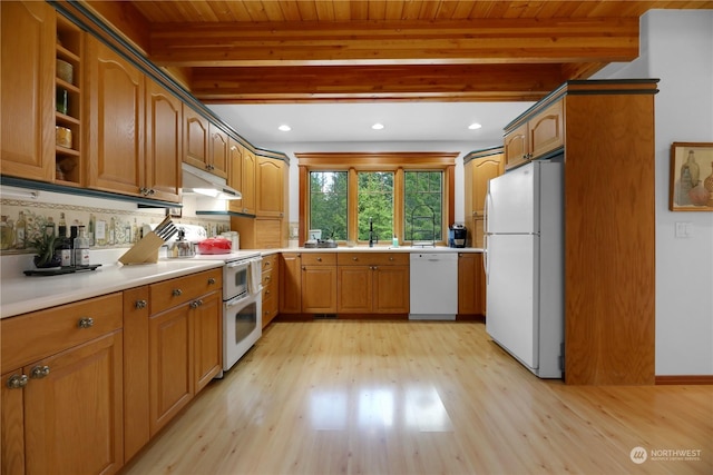 kitchen featuring sink, wood ceiling, white appliances, light hardwood / wood-style flooring, and beamed ceiling