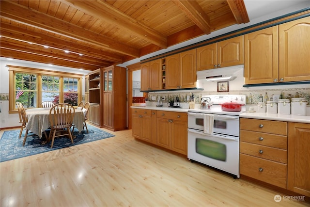 kitchen with beam ceiling, light wood-type flooring, wooden ceiling, and range with two ovens