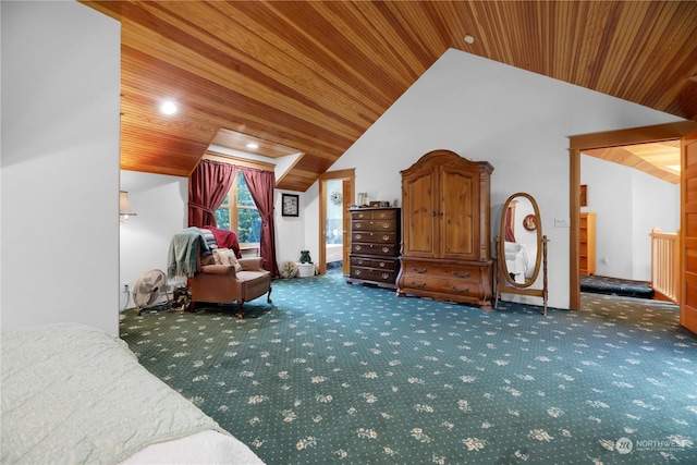 bedroom featuring wood ceiling, dark carpet, and high vaulted ceiling