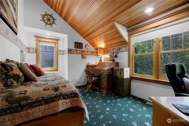 carpeted bedroom with lofted ceiling and wooden ceiling