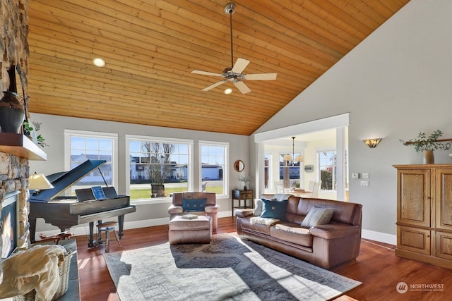 living room featuring ceiling fan with notable chandelier, high vaulted ceiling, a fireplace, dark hardwood / wood-style flooring, and wood ceiling