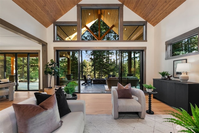 interior space with high vaulted ceiling, light hardwood / wood-style flooring, and wooden ceiling