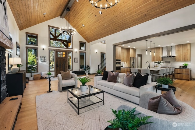 living room featuring wood ceiling, light hardwood / wood-style flooring, an inviting chandelier, beam ceiling, and high vaulted ceiling