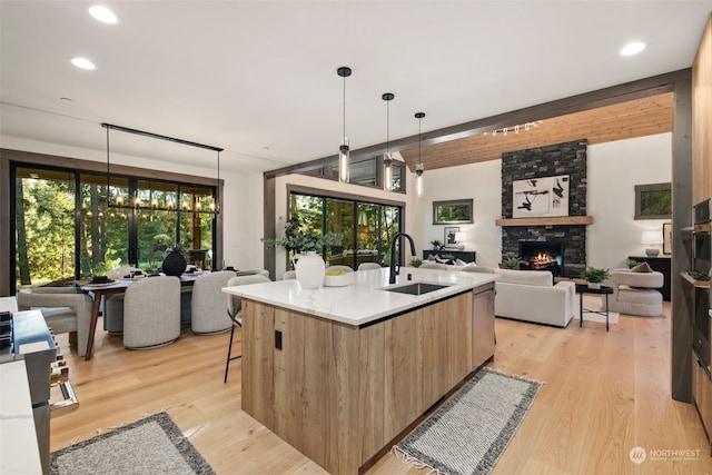 kitchen featuring sink, light hardwood / wood-style flooring, hanging light fixtures, and a center island with sink