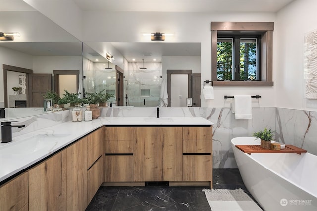 bathroom with vanity, plus walk in shower, and tile walls