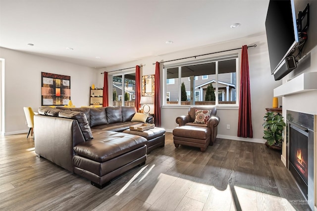 living room with dark hardwood / wood-style floors