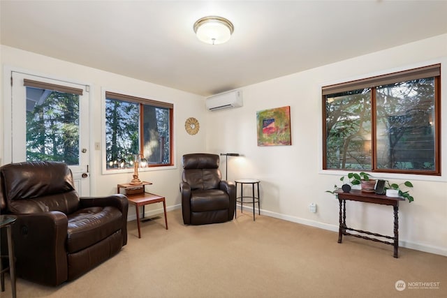 living area with a wall mounted air conditioner and light carpet