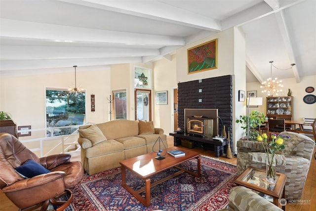 living room featuring an inviting chandelier, wood-type flooring, and vaulted ceiling with beams