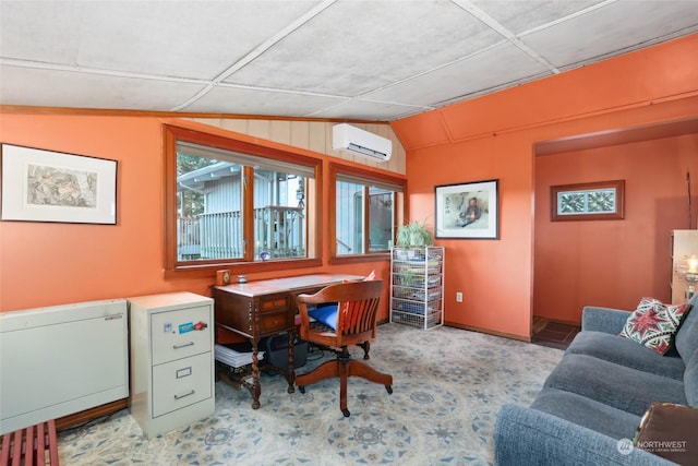 home office with light carpet, a wall mounted air conditioner, and vaulted ceiling