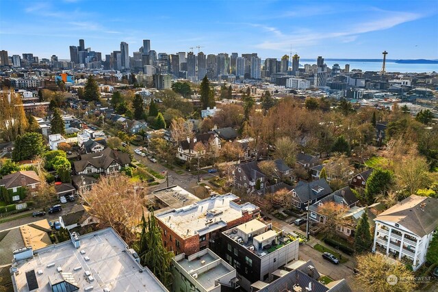 bird's eye view with a water view