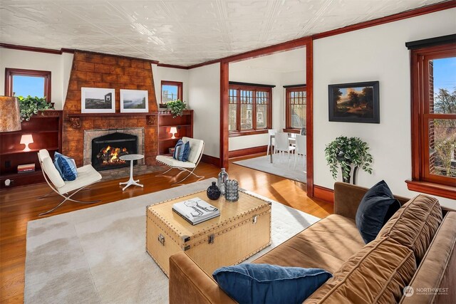 living room featuring ornamental molding, a large fireplace, and light hardwood / wood-style flooring