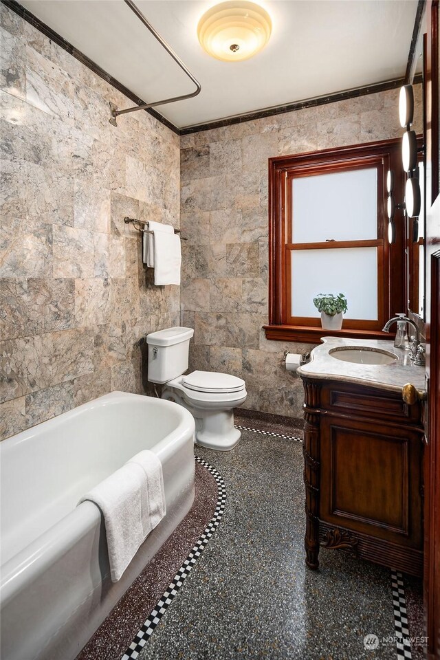 full bathroom with ornamental molding, toilet, shower / bathing tub combination, and vanity