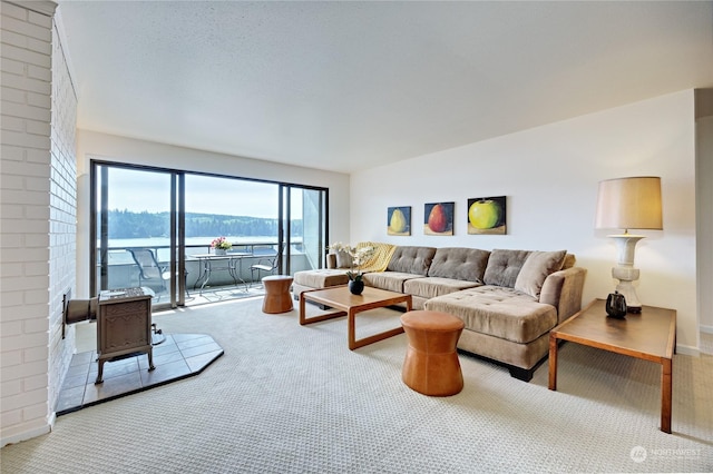 carpeted living room featuring a wood stove, a mountain view, and a textured ceiling