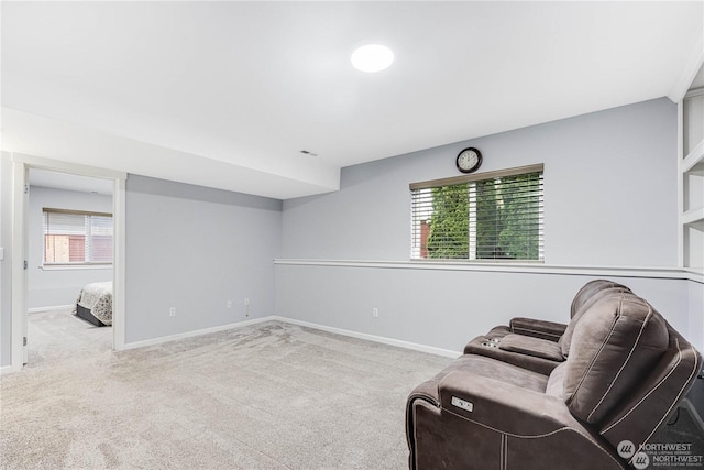 living area featuring light colored carpet