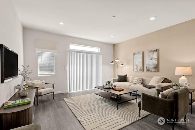 living room with dark hardwood / wood-style floors