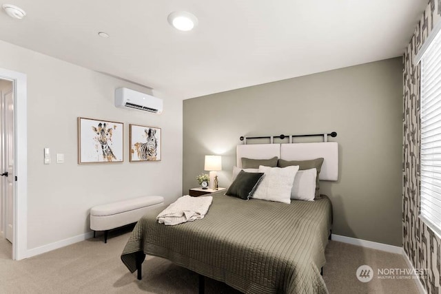 bedroom with multiple windows, a wall mounted AC, and light colored carpet