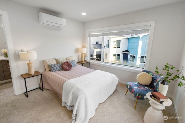 carpeted bedroom featuring multiple windows and a wall mounted air conditioner