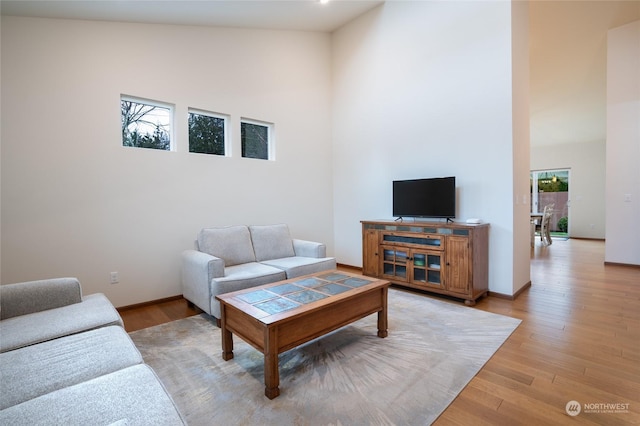 living room with light hardwood / wood-style flooring and a high ceiling