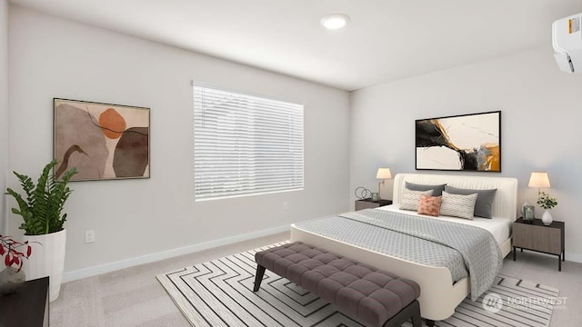 carpeted bedroom featuring an AC wall unit