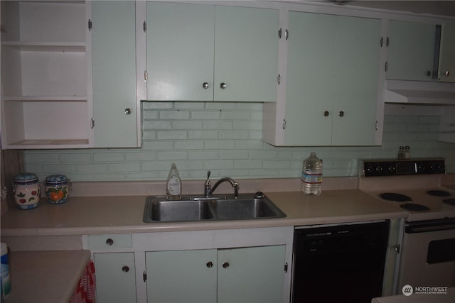 kitchen with sink, white cabinetry, black dishwasher, white electric range oven, and tasteful backsplash