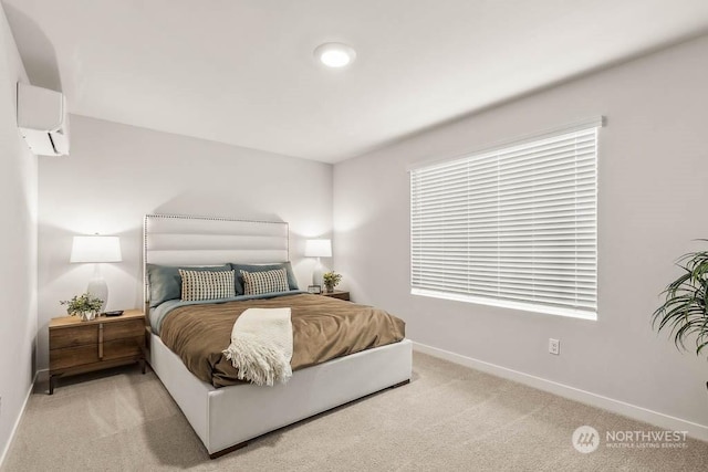 bedroom with light colored carpet and a wall unit AC