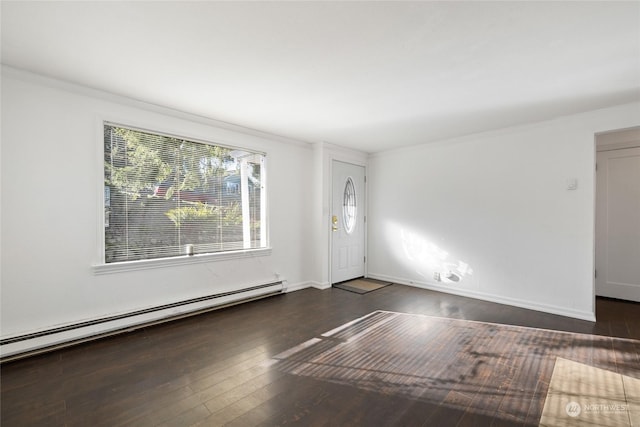 unfurnished room with a baseboard radiator, ornamental molding, and dark hardwood / wood-style floors