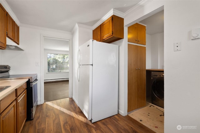 kitchen with washer / dryer, ventilation hood, white fridge, hardwood / wood-style flooring, and stainless steel electric stove