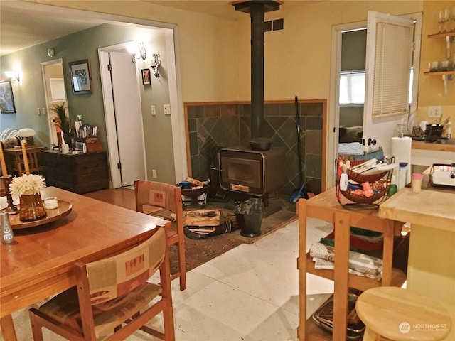 interior space with a wood stove