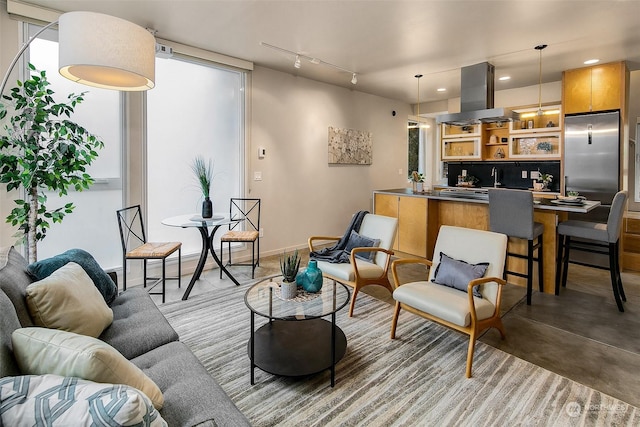 living room with sink and track lighting