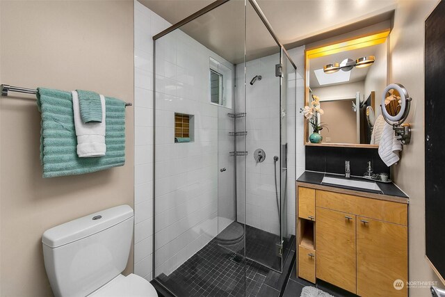 bathroom featuring vanity, toilet, and a shower with shower door