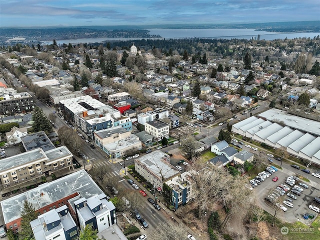 drone / aerial view featuring a water view