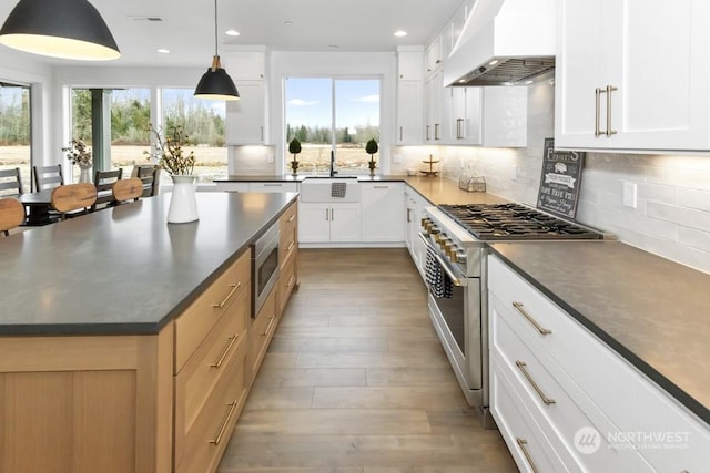 kitchen with a kitchen island, pendant lighting, white cabinetry, custom exhaust hood, and stainless steel appliances