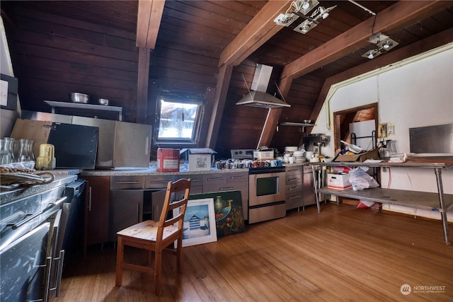 kitchen with stainless steel electric range oven, hardwood / wood-style floors, beamed ceiling, wall chimney range hood, and wooden ceiling