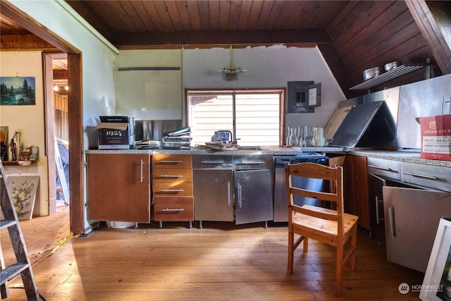 kitchen featuring dishwasher, vaulted ceiling with beams, wooden ceiling, and light hardwood / wood-style floors